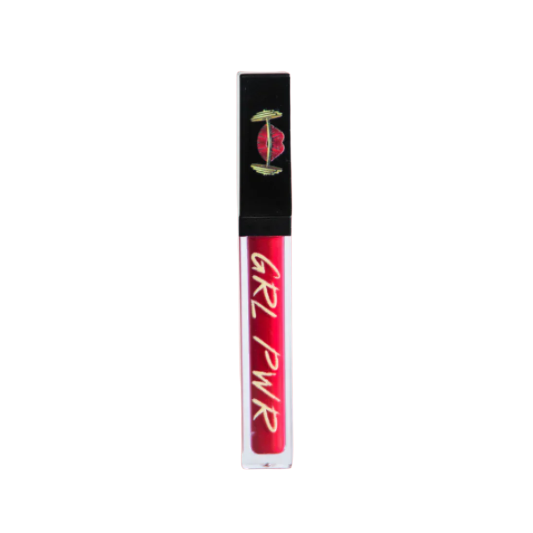 Red lip gloss tube with 'GRL PWR' text on a white background