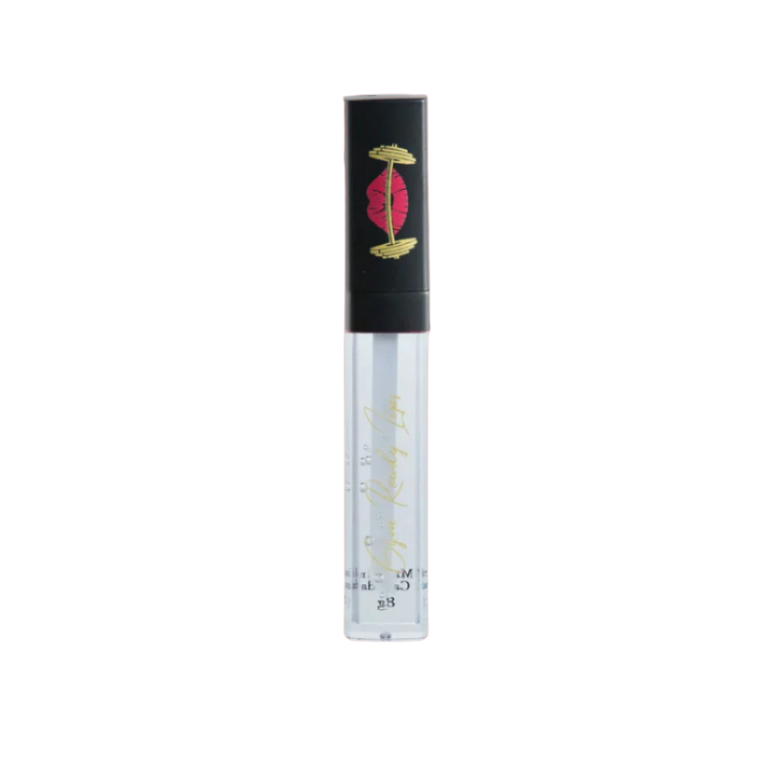 Lip gloss tube with black cap and pink design on white background