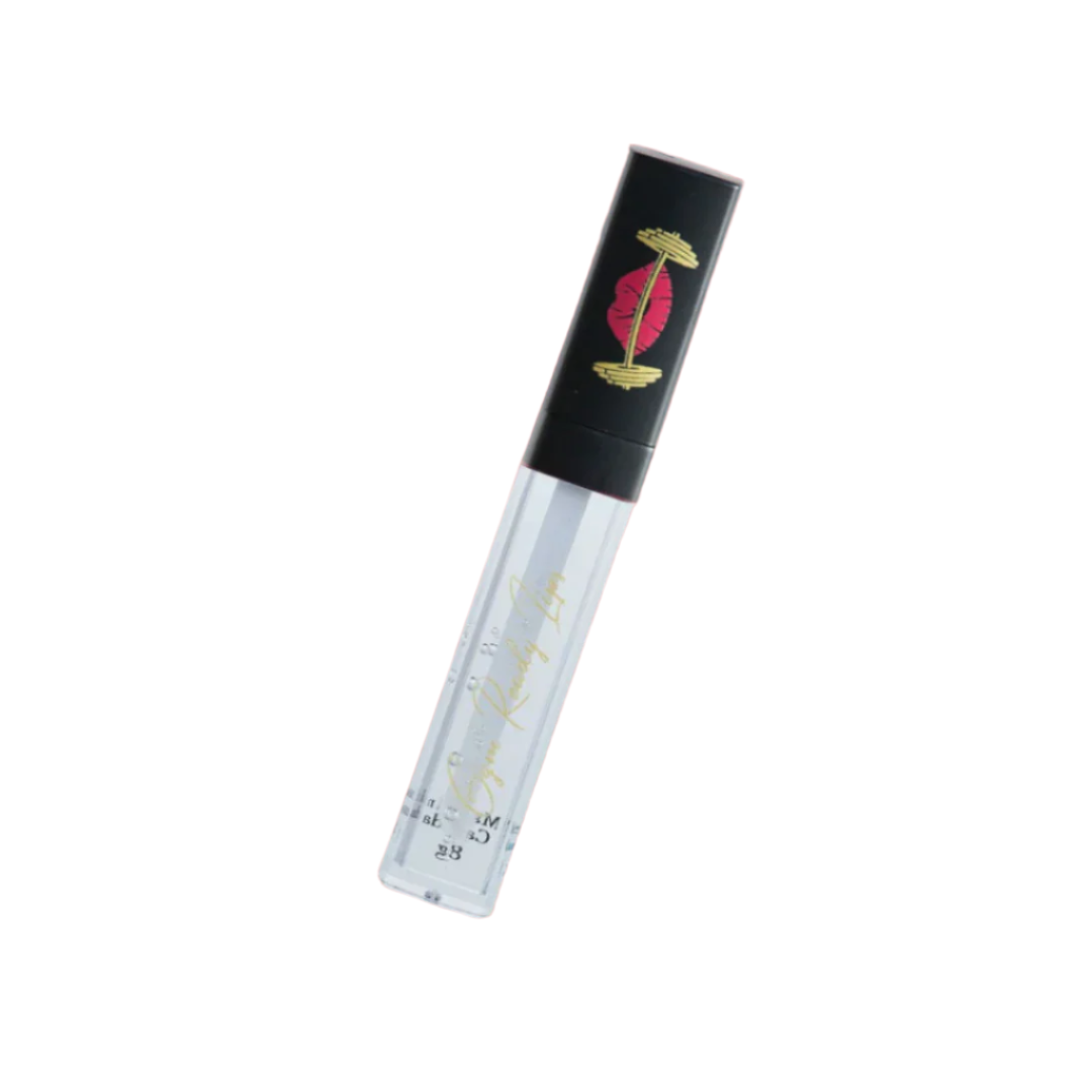 Lip gloss tube with black cap and logo on white background