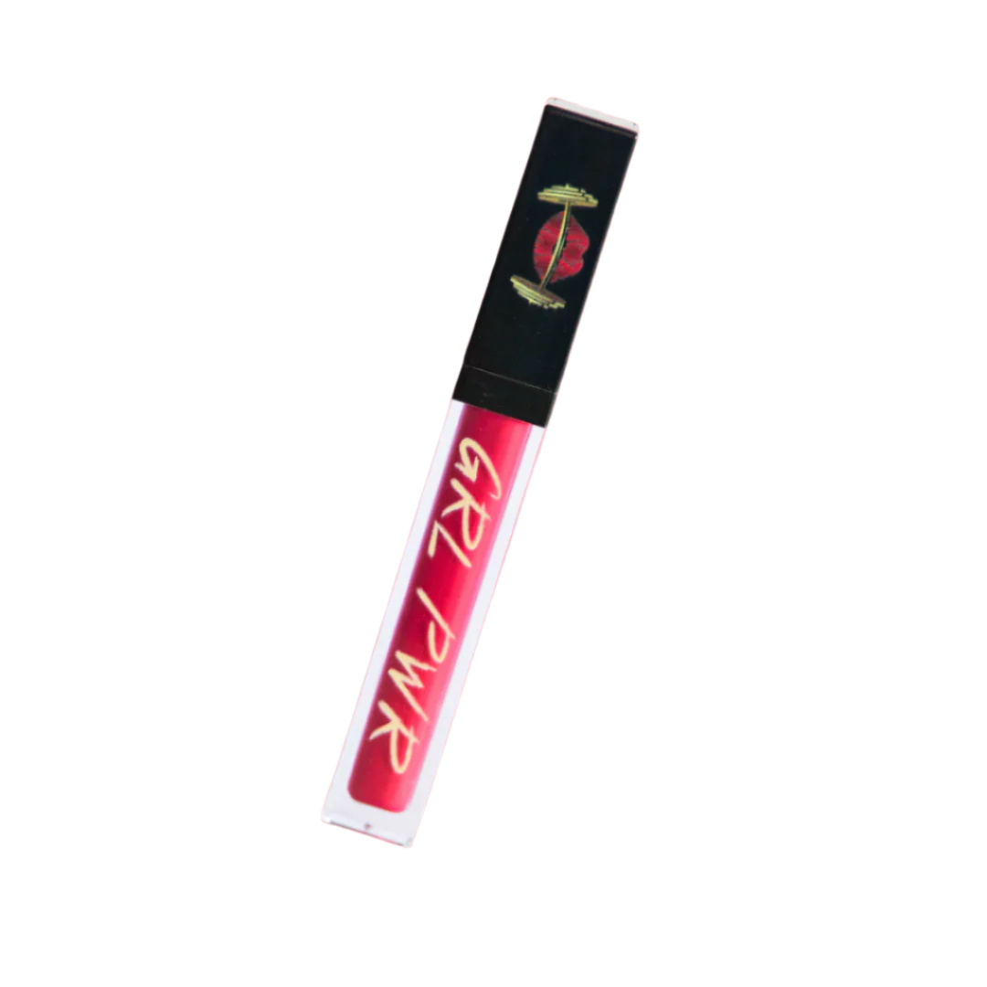 Red lip gloss tube with black cap on white background