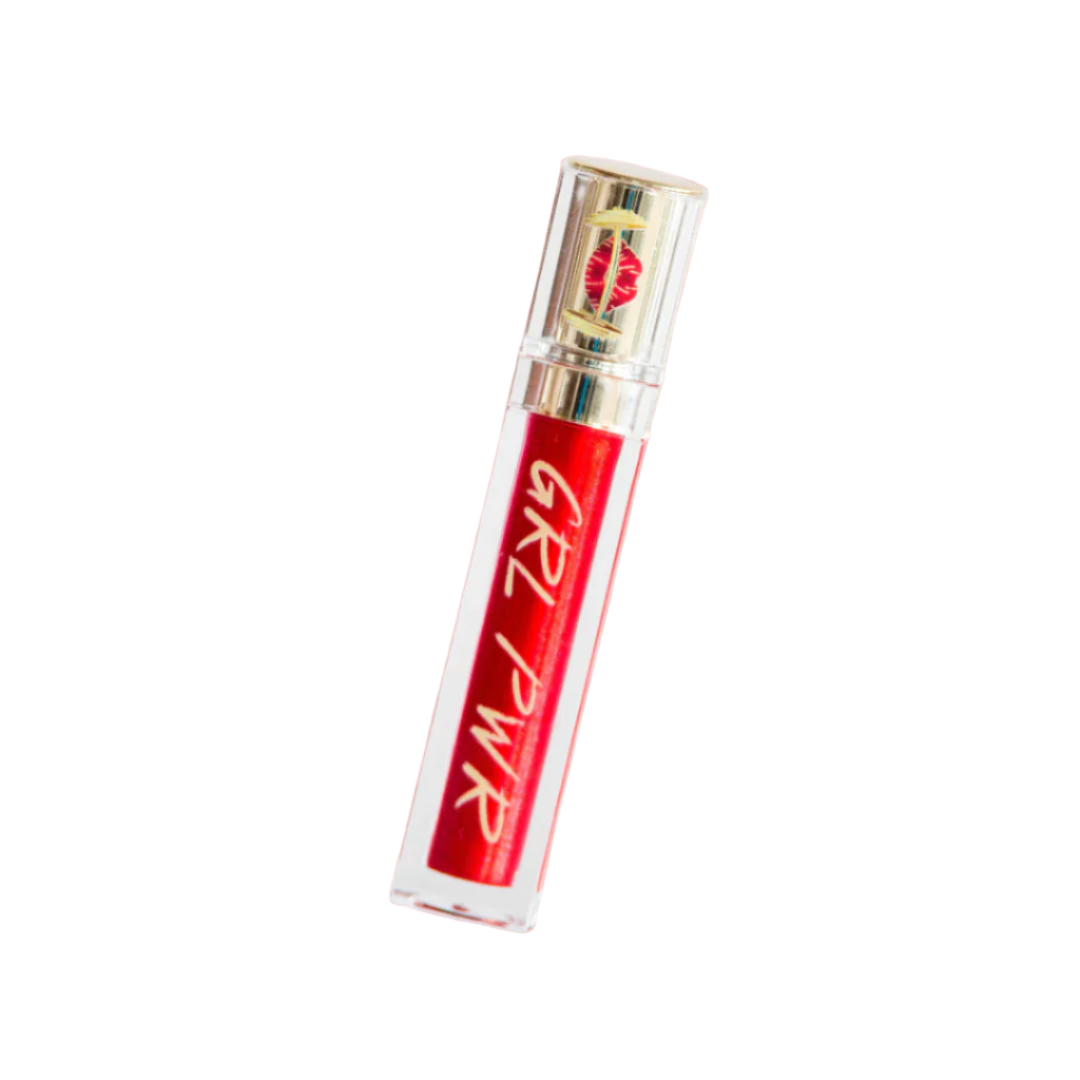 Red lip gloss tube with 'GRL PWR' text on a white background