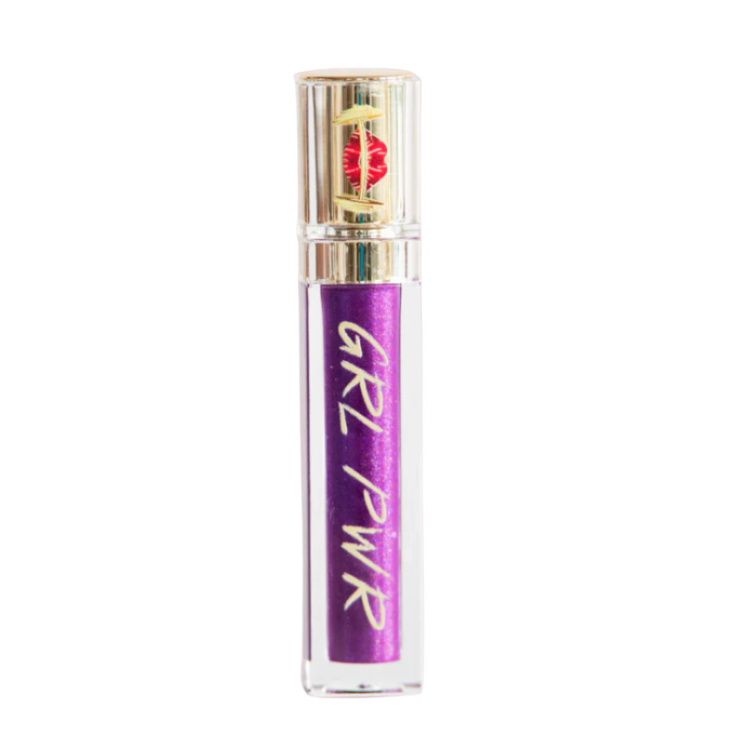 Lip gloss tube with purple body and gold cap on white background