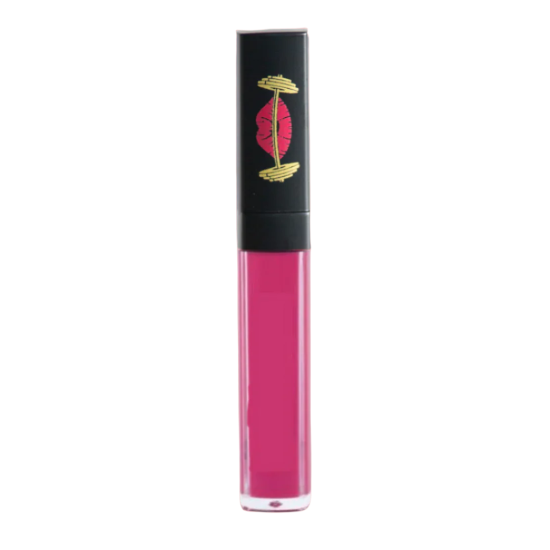 Pink lip gloss tube with black cap on white background