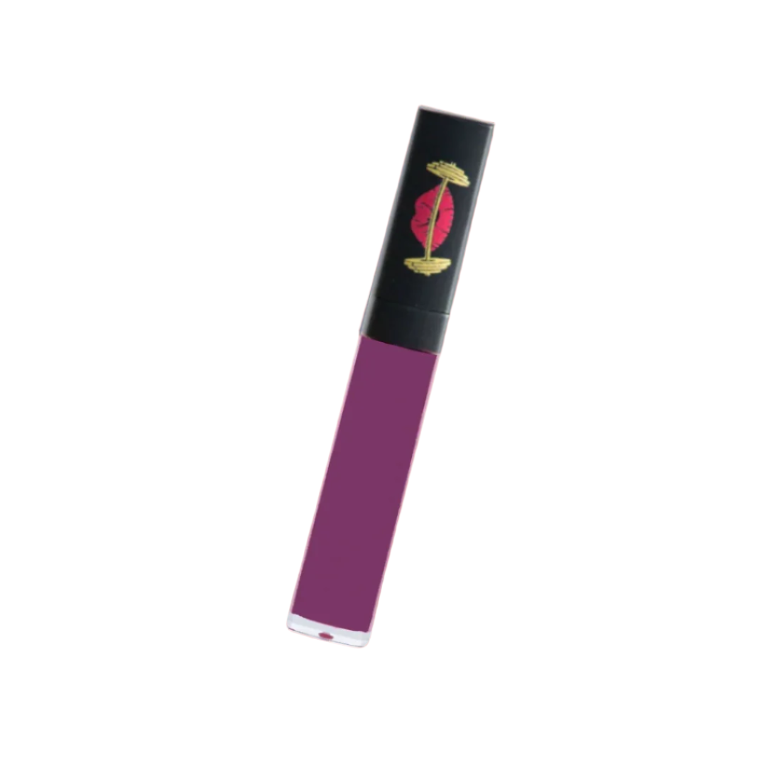 Purple lip gloss tube with black cap on white background