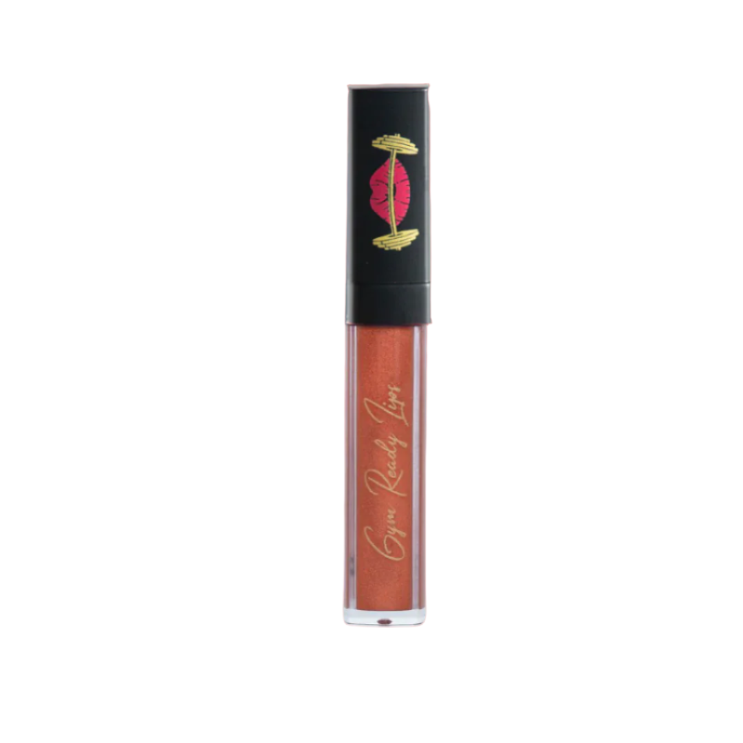 Lip gloss tube with black and red design on a white background