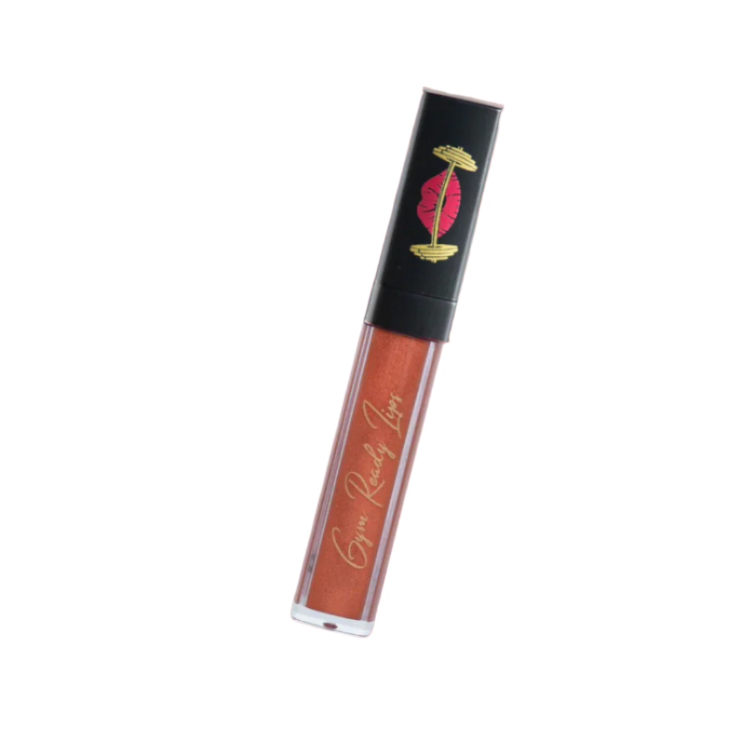 Lip gloss tube with black cap on white background