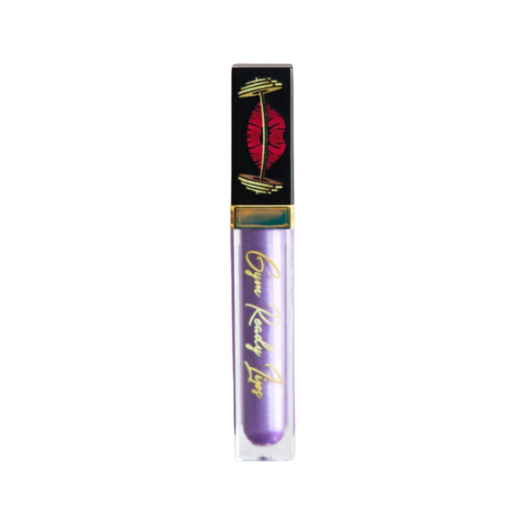 Purple lip gloss with gold text on a white background
