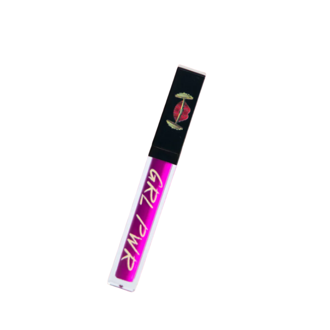 Pink lip gloss tube with black cap on white background