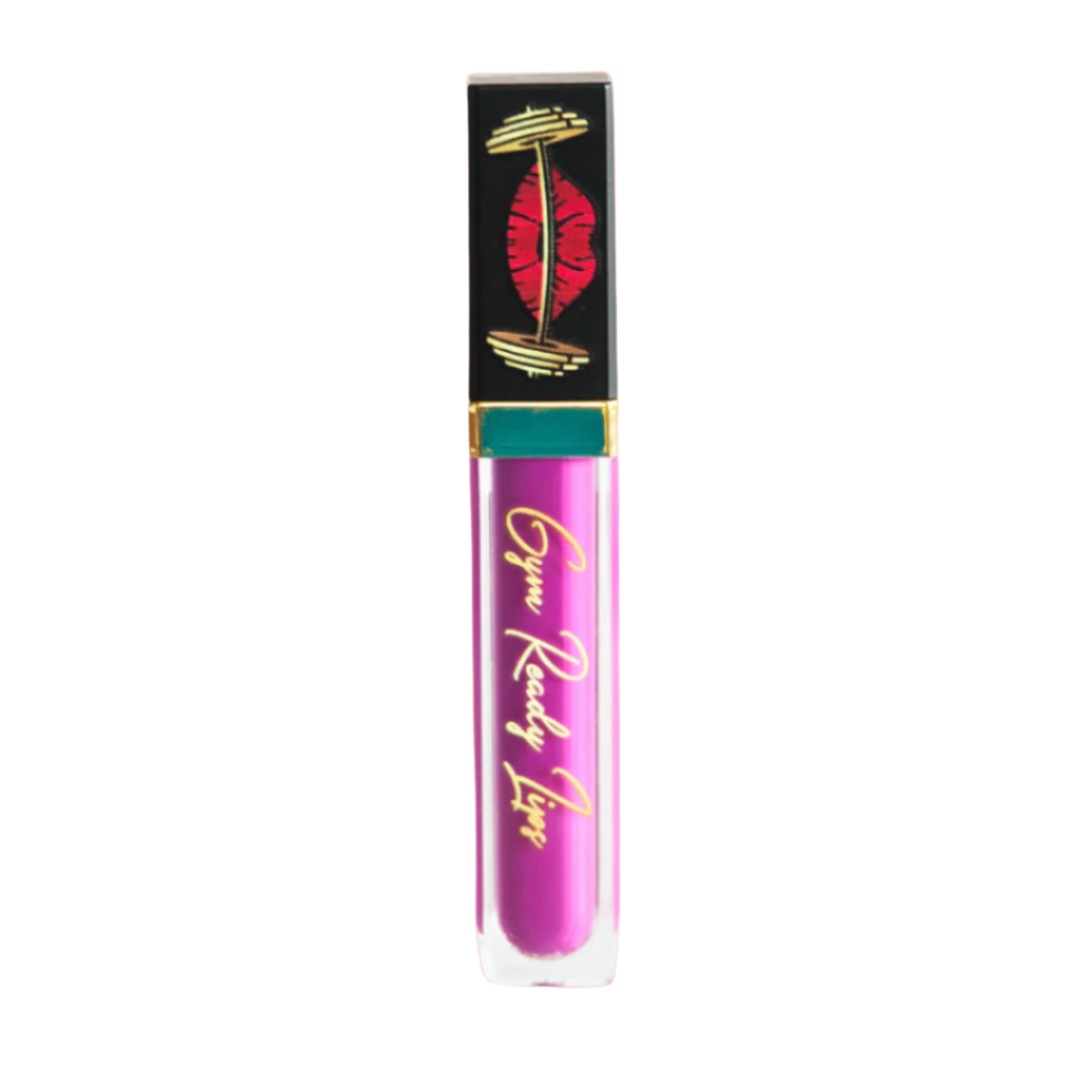 Pink lip gloss tube with black and gold cap on white background