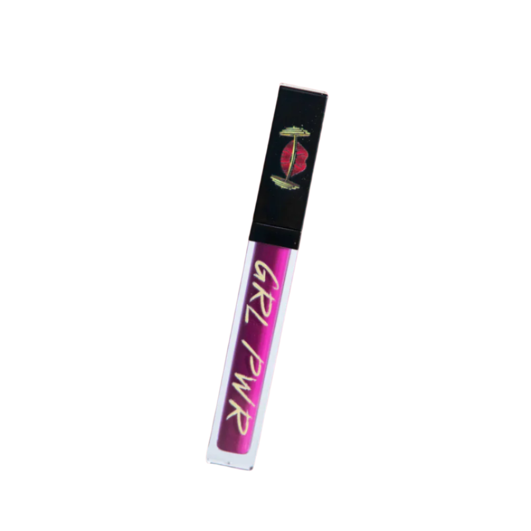 Lip gloss tube with 'GRL PWR' text on a white background