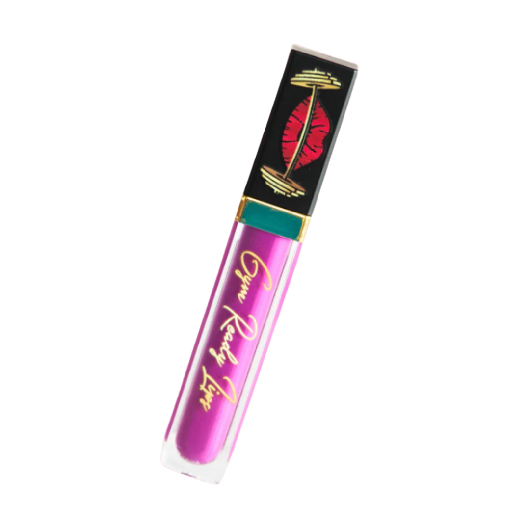 Pink lip gloss tube with black cap on white background