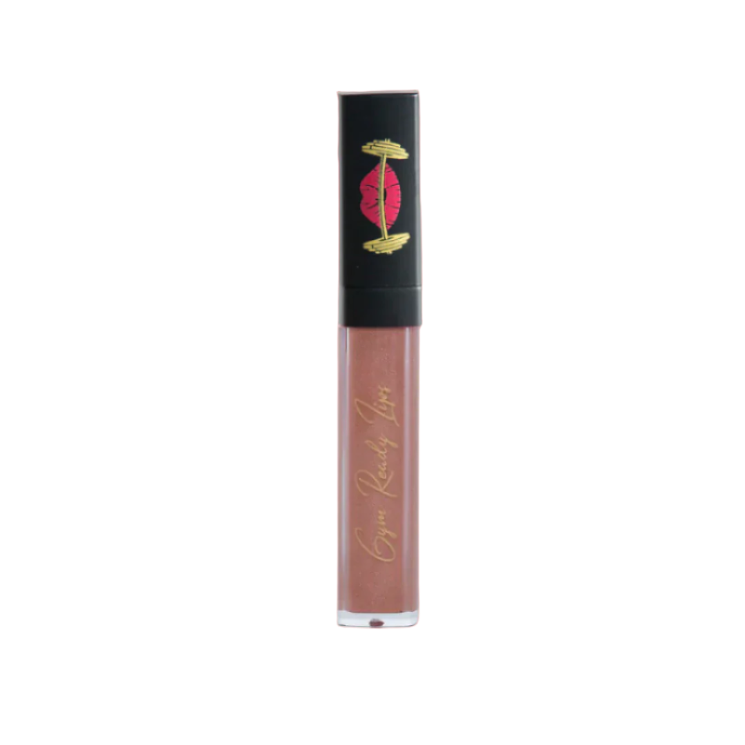 Lip gloss tube with black cap and gold emblem on white background