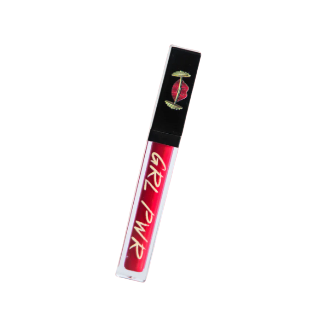 Red lip gloss tube with 'GRL PWR' text on a white background