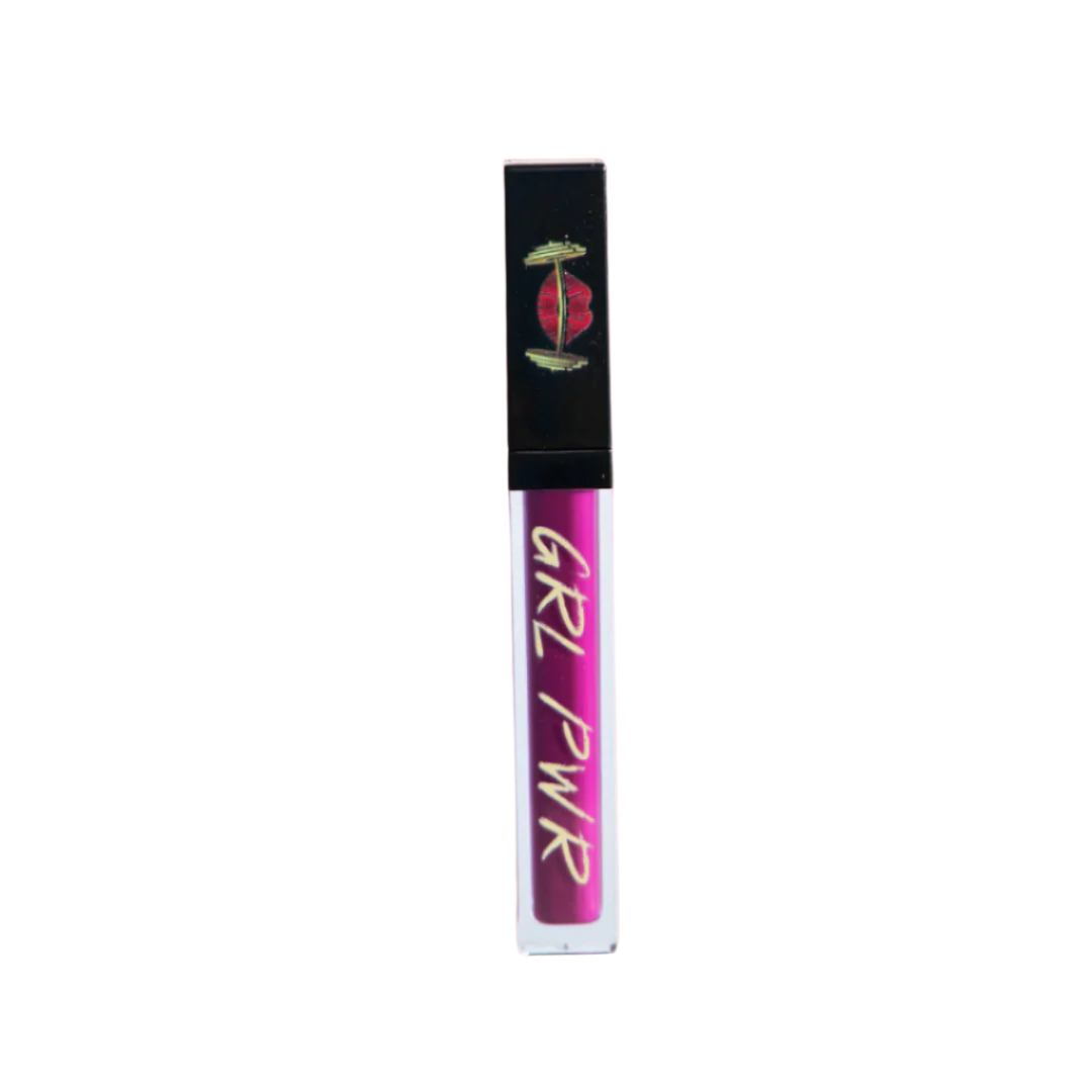 Lip gloss tube with 'GRL PWR' text on a white background