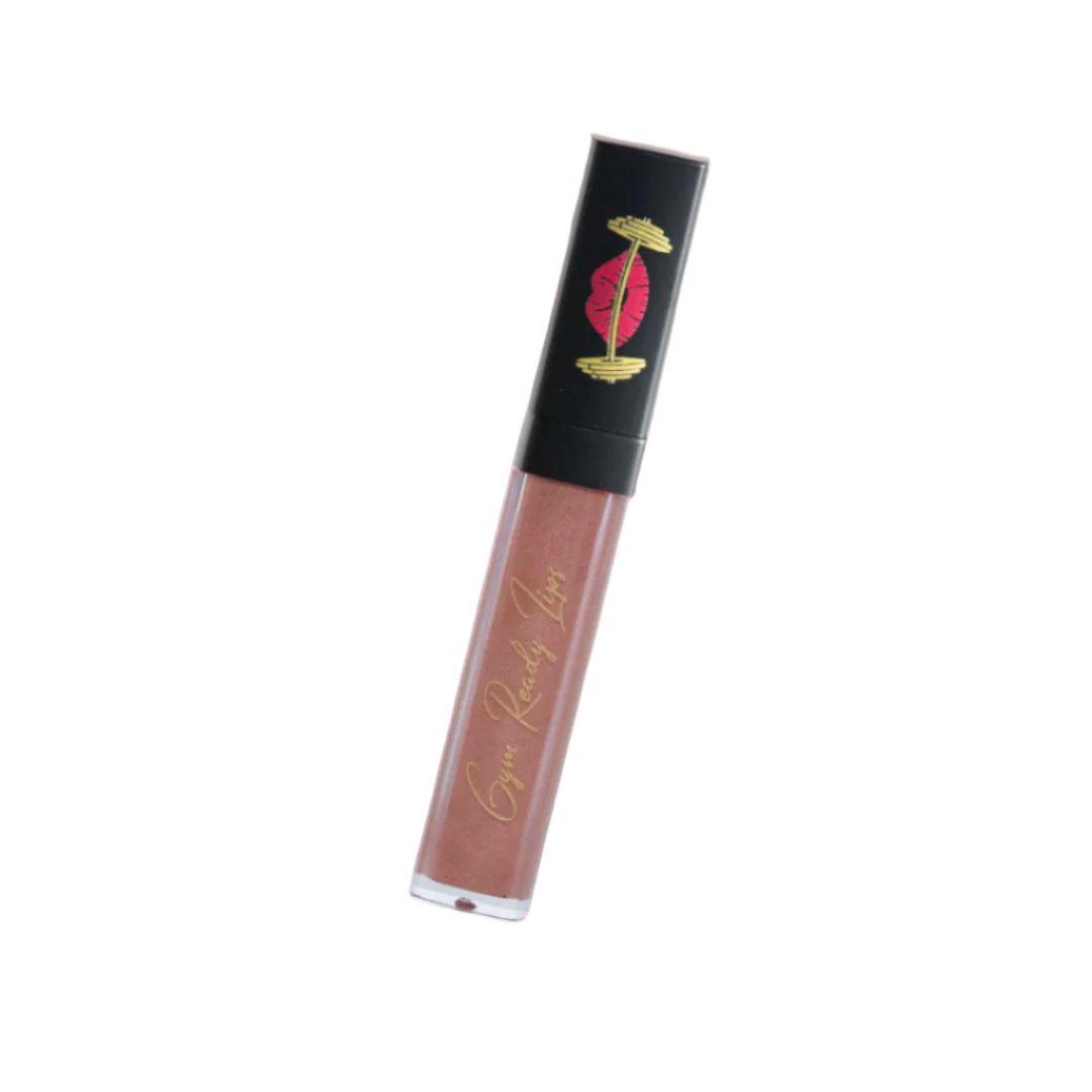 Lip gloss tube with black cap on white background