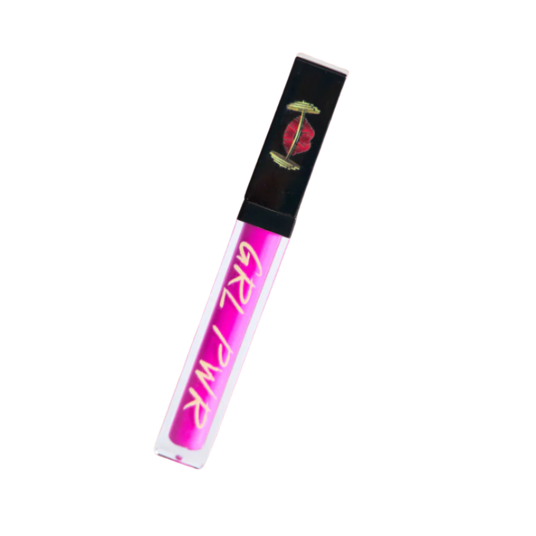 Pink lip gloss tube with black cap on white background