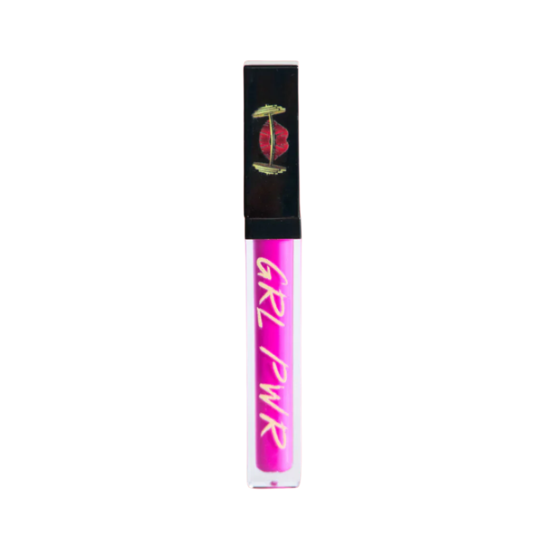 Pink lip gloss tube with 'GRL PWR' text on a white background