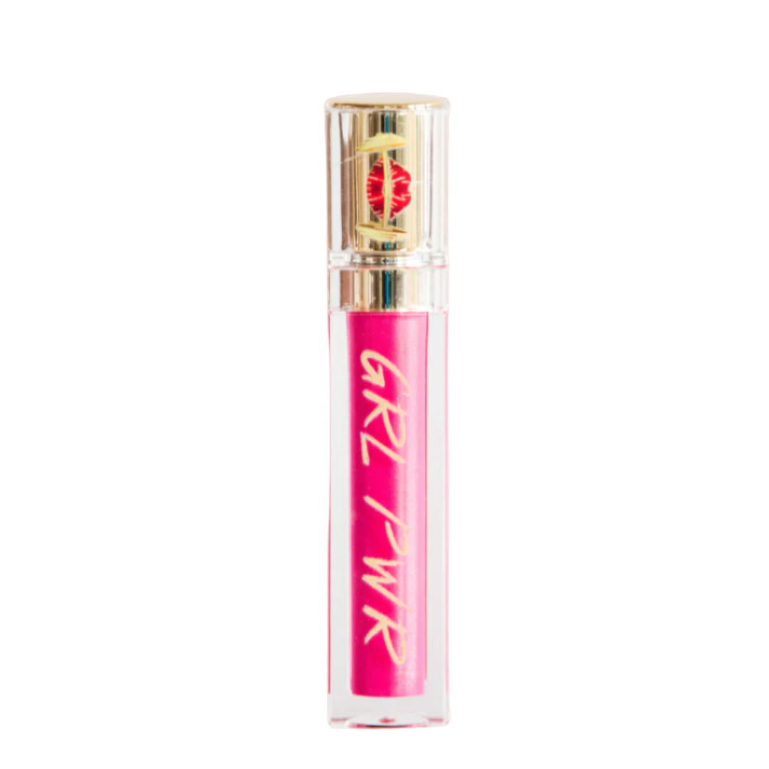 Pink lip gloss tube with 'GRL PWR' text on a white background