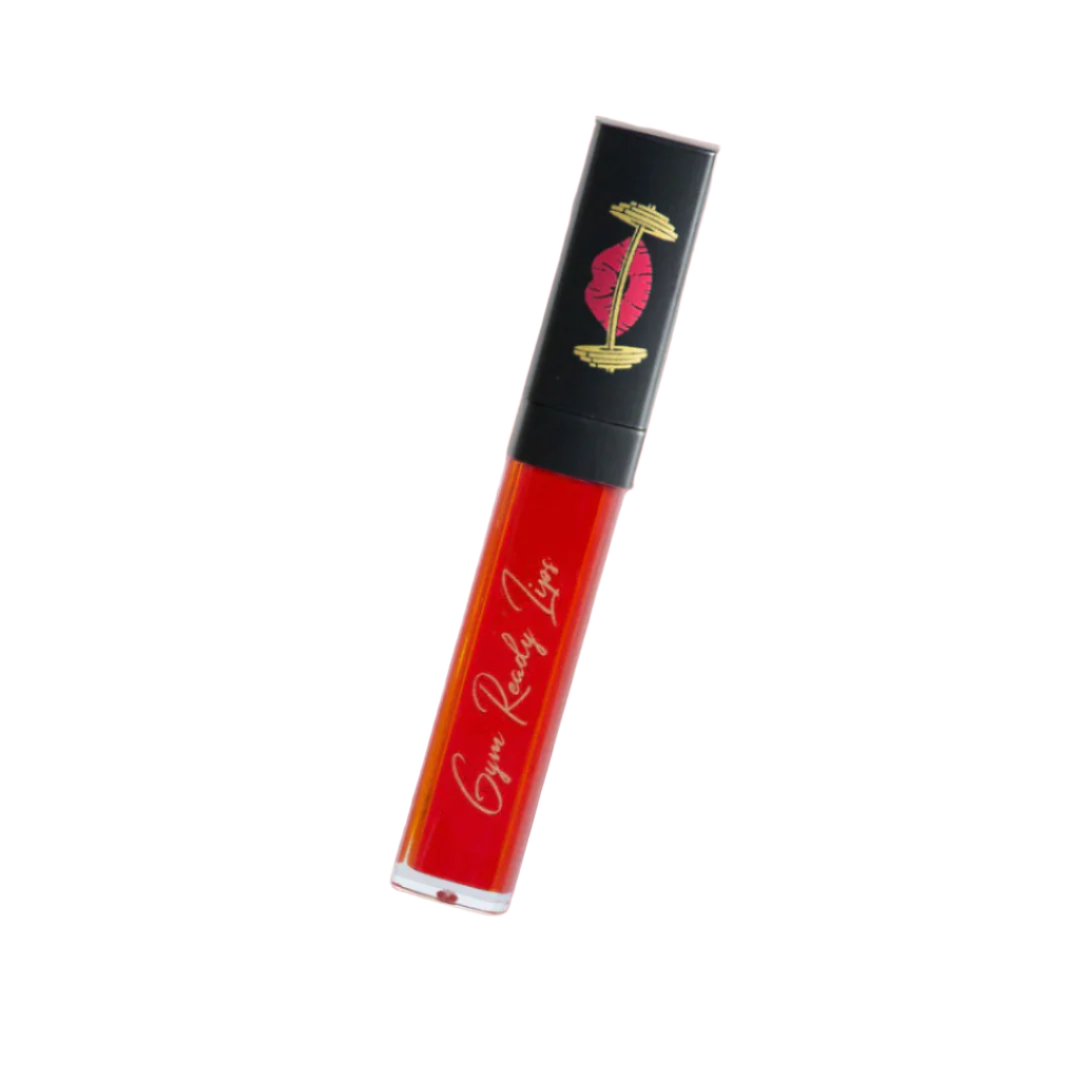 Red lip gloss tube with black cap on white background