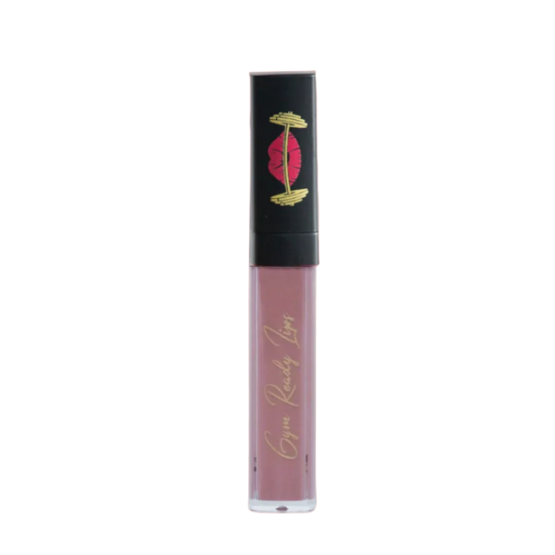 Lip gloss tube with black cap on white background