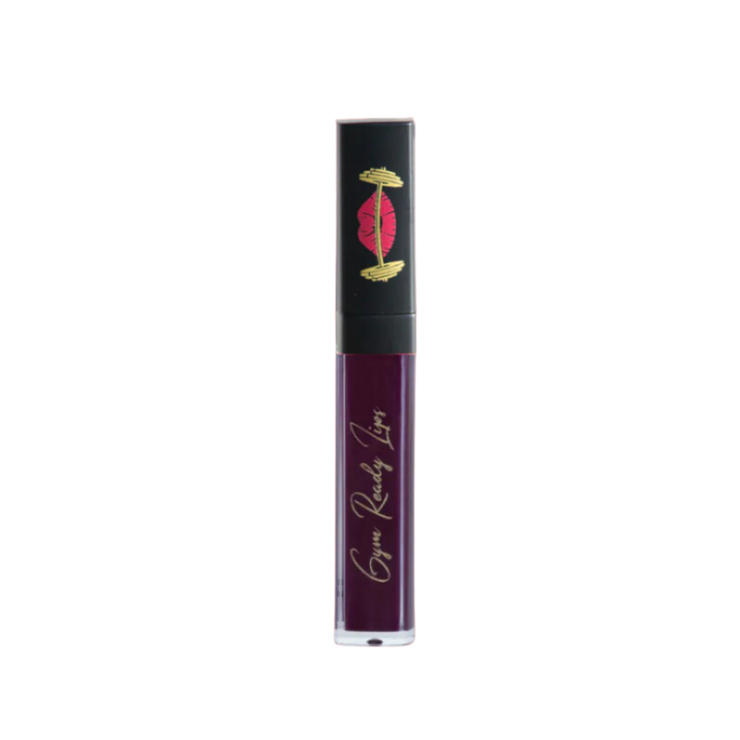 Lip gloss tube with black and purple design on a white background