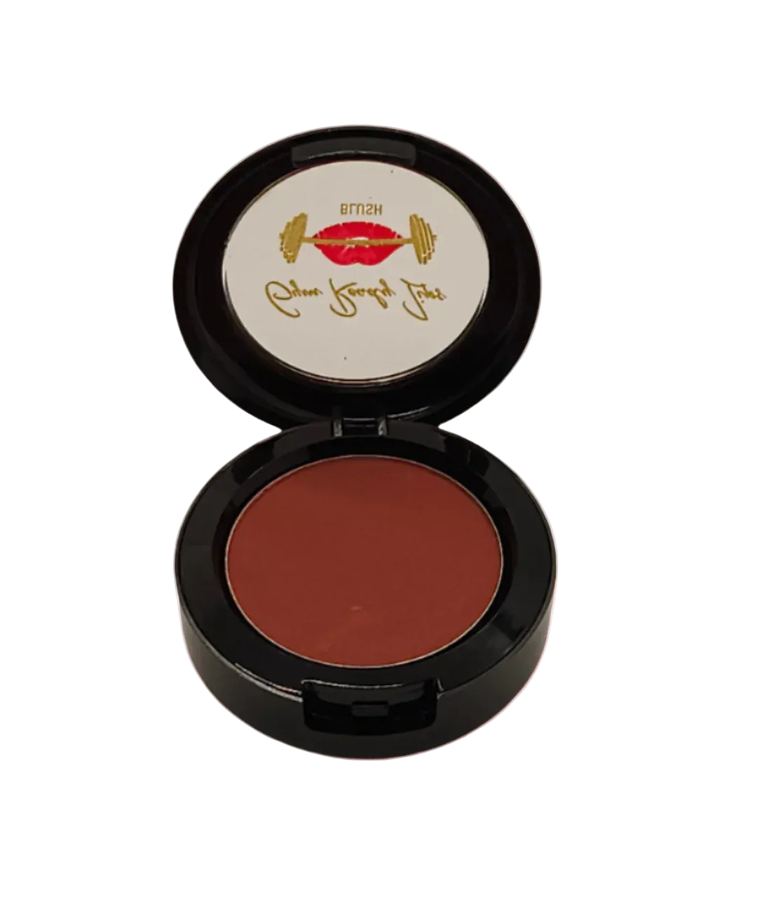 Makeup compact with brown powder on a white background