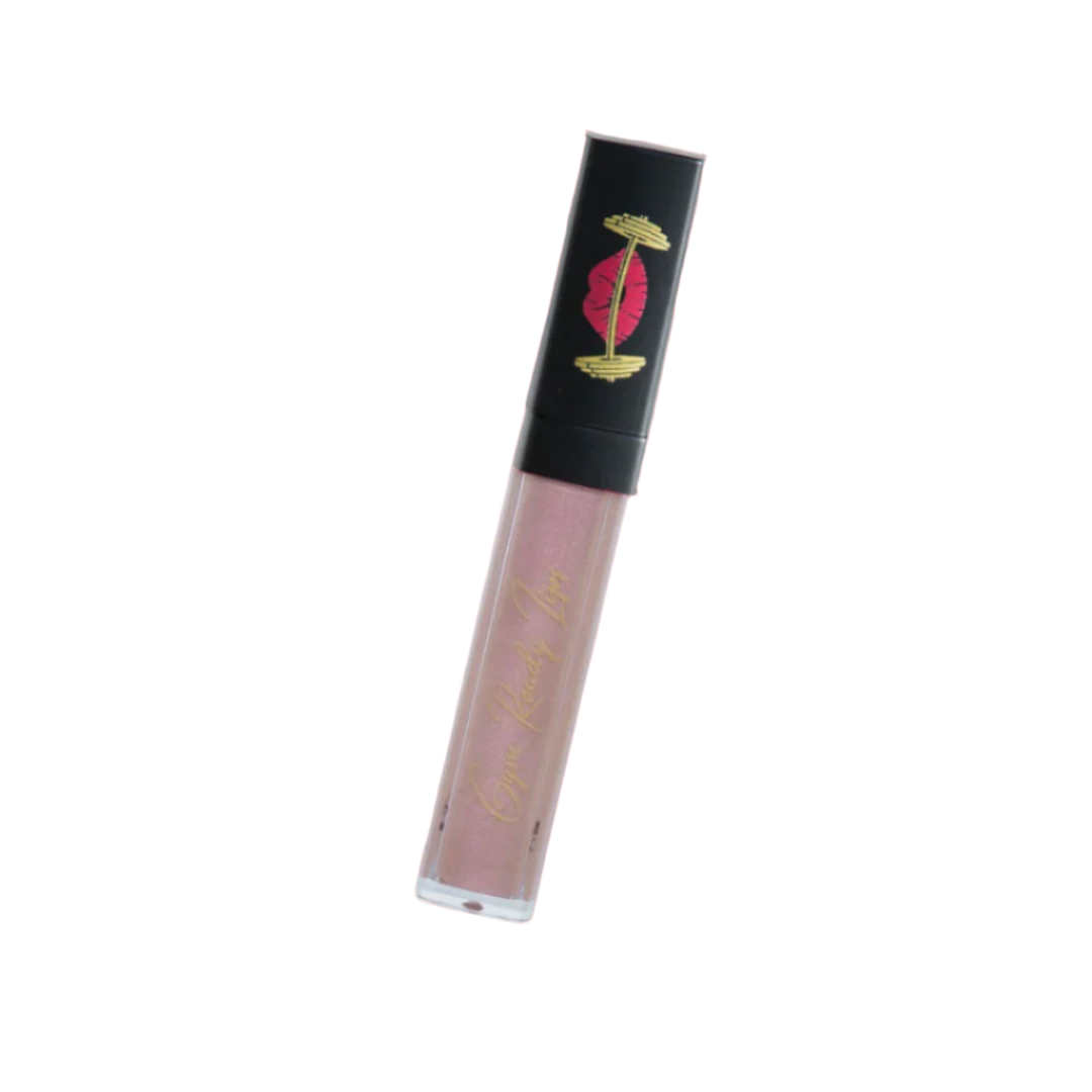 Lip gloss tube with black cap and logo on white background