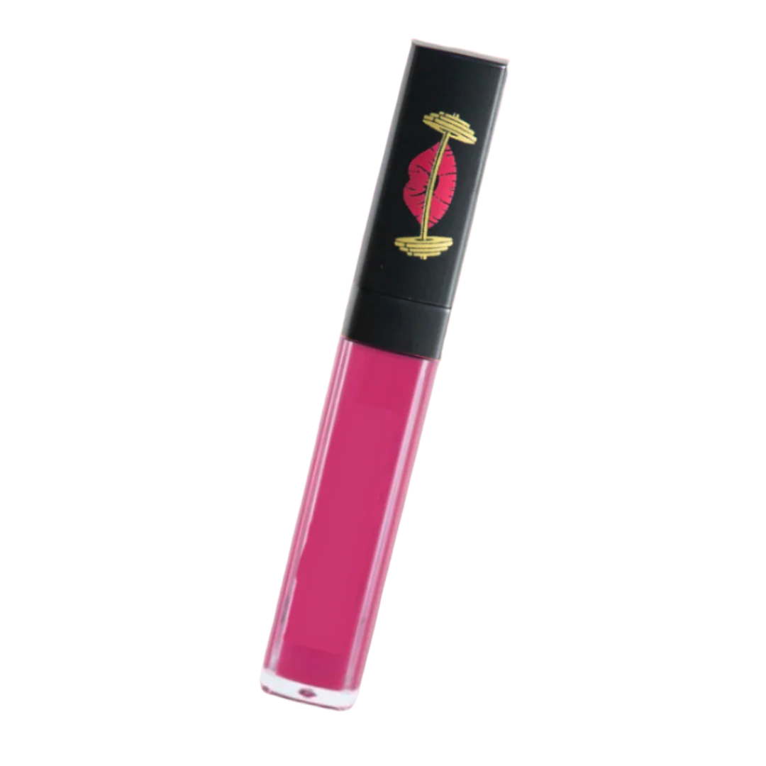 Pink lip gloss tube with black cap on white background