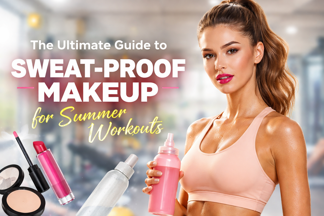 Sweat-proof makeup blog banner featuring a confident woman in gymwear holding a water bottle with bold summer workout beauty