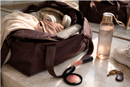 An open plum-toned gym bag sits on a light marble surface, styled with fitness and beauty essentials.