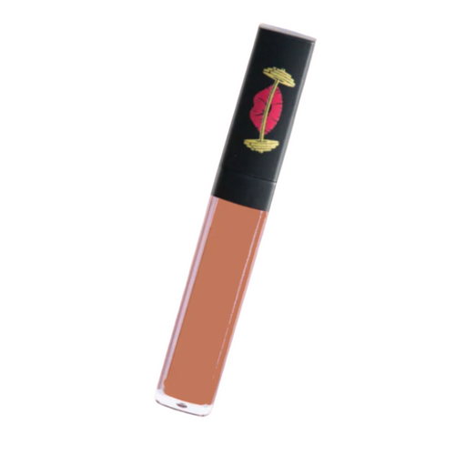 Lip gloss tube with black cap and gold design on a white background