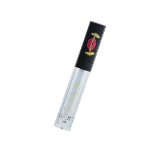 Lip gloss tube with black cap and logo on white background