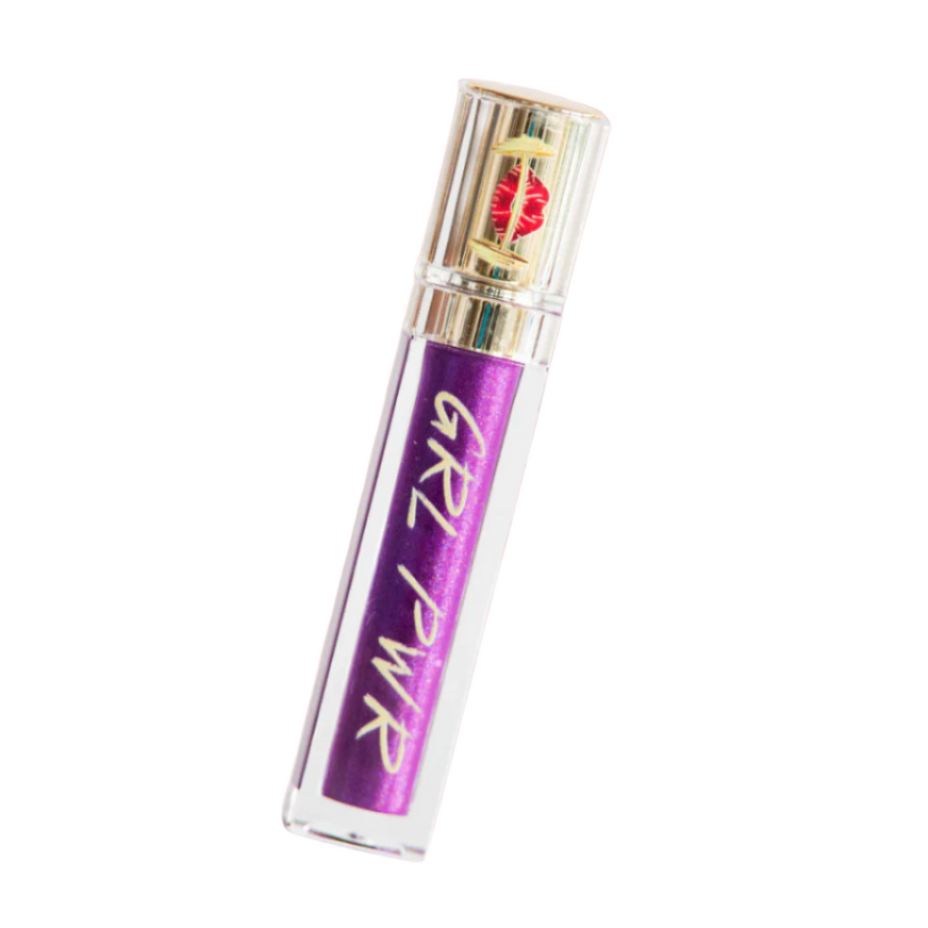Purple lip gloss tube with 'GRL PWR' text on a white background