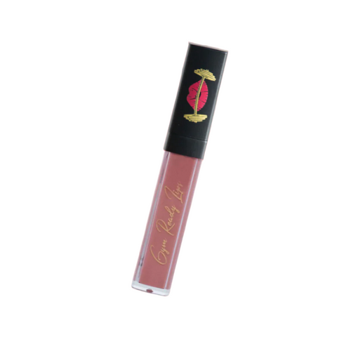 Lip gloss tube with black cap on white background