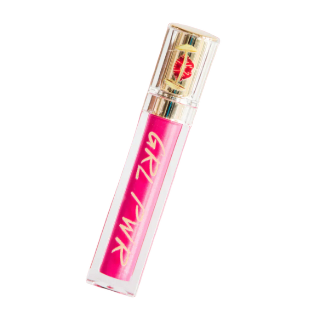 Pink lip gloss tube with gold cap on white background