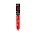 Red lip gloss tube with black and gold packaging on a white background