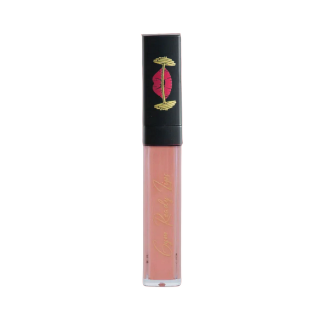 Lip gloss tube with black cap and pink body on white background