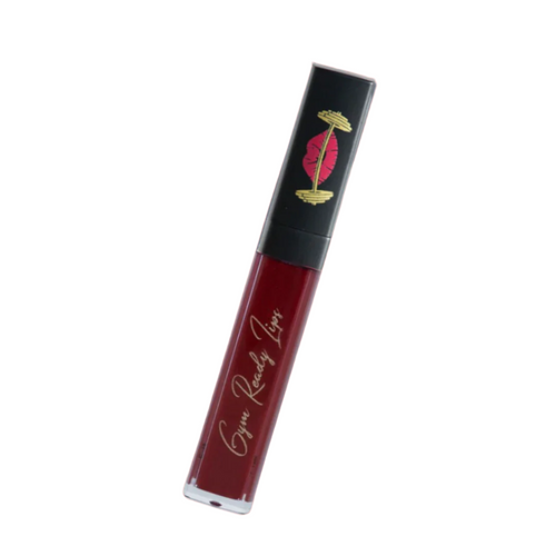 Red lip gloss tube with black cap on white background