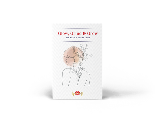 Book titled 'Glow, Grind & Grow' with a woman's silhouette and floral elements on a white background